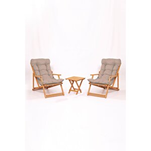 Simona Grand Şezlong 2+1 Ahşap Bahçe Balkon Teras Katlanır Set Vizon Minder