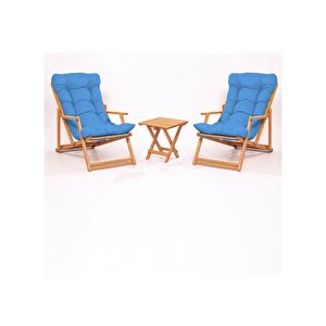 Simona Grand Şezlong 2+1 Ahşap Bahçe Balkon Teras Katlanır Set Mavi Minder