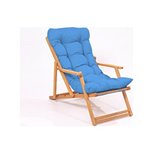 Simona Grand Şezlong 2+1 Ahşap Bahçe Balkon Teras Katlanır Set Mavi Minder