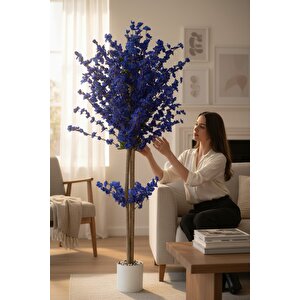 Beyaz Renkli Saksıda 150 Cm Yapay Bahardalı Ağacı Yoğun Yaprak Mavi