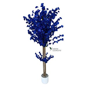 Beyaz Renkli Saksıda 150 Cm Yapay Bahardalı Ağacı Yoğun Yaprak Mavi