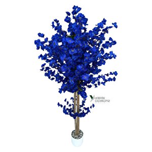 Beyaz Renkli Saksıda 150 Cm Yapay Bahardalı Ağacı Yoğun Yaprak Mavi