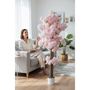 Beyaz Renkli Saksıda 150 Cm Yapay Bahardalı Ağacı Yoğun Yaprak Açık Pudra Pembe
