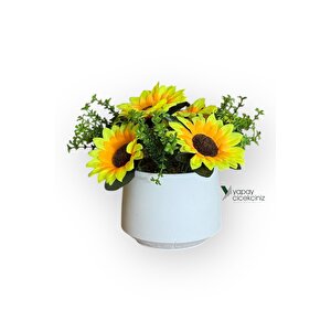 Modern Beyaz Saksıda Gerçekçi Yapay Ayçiçeği Beyaz