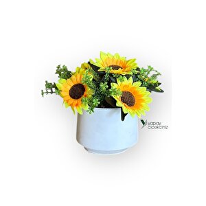 Modern Beyaz Saksıda Gerçekçi Yapay Ayçiçeği Beyaz