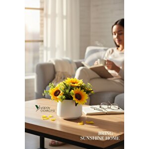 Modern Beyaz Saksıda Gerçekçi Yapay Ayçiçeği