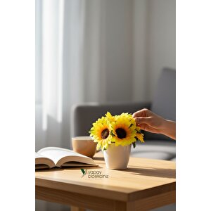 Modern Beyaz Saksıda Gerçekçi Yapay Ayçiçeği Sarı