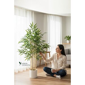 Beyaz Renkli Saksıda 100 Cm 4 Gövde Yoğun Yaprak Yapay Bambu Ağacı