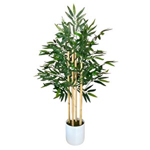 Beyaz Renkli Saksıda 100 Cm 4 Gövde Yoğun Yaprak Yapay Bambu Ağacı