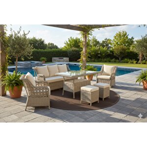 Lüks Rattan Oturma Ve Yemek Seti 7 Kişilik Bahçe ve Balkon