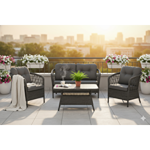 Liv Palmiye Lüks Rattan Bahçe Oturma Grubu, 4 Kişilik Antrasit Gri Polipropilen Balkon Seti, Montajsız, Minderli