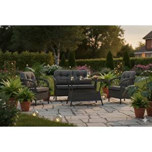 Liv Palmiye Lüks Rattan Bahçe Oturma Grubu, 4 Kişilik Antrasit Gri Polipropilen Balkon Seti, Montajsız, Minderli