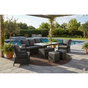 Lüks Rattan Oturma Ve Yemek Seti 7 Kişilik Bahçe ve Balkon