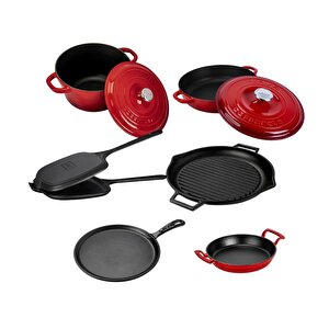 Döküm 6x Trendy Serisi 9 Parça Tencere & Tava Seti Kırmızı