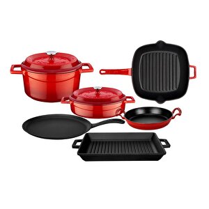 Döküm 6x Trendy Serisi 8 Parça Tencere & Tava Seti Kırmızı