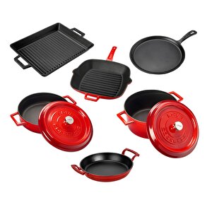 Döküm 6x Trendy Serisi 8 Parça Tencere & Tava Seti Kırmızı