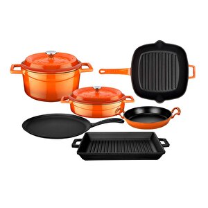 Döküm 6x Trendy Serisi 8 Parça Tencere & Tava Seti Turuncu