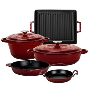 Döküm Bordo Serisi Set – Tencere, Tava, Sahan Ve Izgara Bir Arada