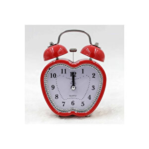 Taşlı Elma Mini Metal Masa Saati, Alarmlı Ve Işıklı, Kırmızı, 13x10 Kırmızı