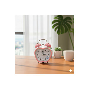 Taşlı Elma Mini Metal Masa Saati, Alarmlı Ve Işıklı, Pembe, 13x10 Pembe