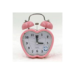 Taşlı Elma Mini Metal Masa Saati, Alarmlı Ve Işıklı, Pembe, 13x10 Pembe
