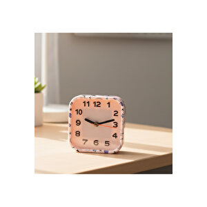 Desenli Mini Kare Masa Saati, Pembe, 13x13 Pembe