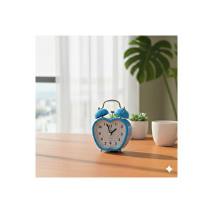 Taşlı Elma Mini Metal Masa Saati, Alarmlı Ve Işıklı, Mavi, 13x10 Mavi