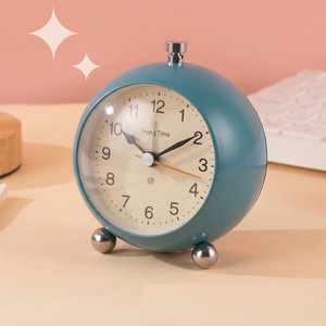 Işıklı ve Alarmlı Retro Tasarım Metal Küre Masa Saati - Dekoratif Çalar Saat mavi Mavi