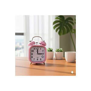 Taşlı Kare Mini Metal Masa Saati, Alarmlı Ve Işıklı, Pembe, 13x8 Pembe