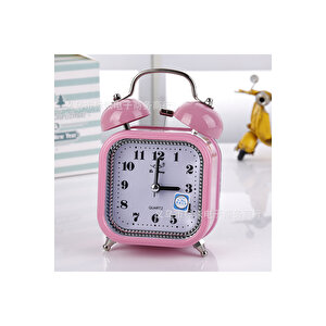 Taşlı Kare Mini Metal Masa Saati, Alarmlı Ve Işıklı, Pembe, 13x8 Pembe