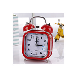 Taşlı Kare Mini Metal Masa Saati, Alarmlı Ve Işıklı, Kırmızı, 13x8 Kırmızı