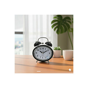 Taşlı Oval Mini Metal Masa Saati, Alarmlı Ve Işıklı, Siyah, 12x8 Siyah