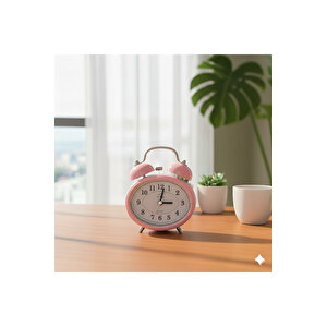 Taşlı Oval Mini Metal Masa Saati, Alarmlı Ve Işıklı, Pembe, 12x8 Pembe