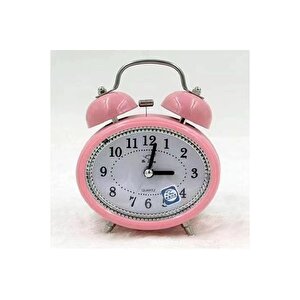 Taşlı Oval Mini Metal Masa Saati, Alarmlı Ve Işıklı, Pembe, 12x8 Pembe