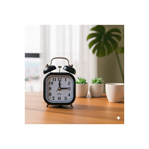 Taşlı Kare Mini Metal Masa Saati, Alarmlı Ve Işıklı, Siyah, 13x8 Siyah