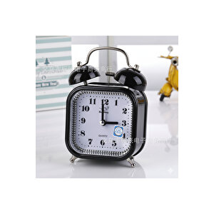 Taşlı Kare Mini Metal Masa Saati, Alarmlı Ve Işıklı, Siyah, 13x8 Siyah