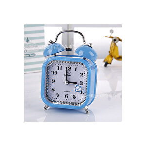 Taşlı Kare Mini Metal Masa Saati, Alarmlı Ve Işıklı, Mavi, 13x8 Mavi