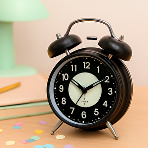 Yuvarlak Metal Masa Saati, Alarmlı Ve Işıklı, Siyah, 17 cm Siyah