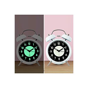 Fosforlu Metal Masa Saati, Alarmlı Ve Işıklı, Beyaz, 17x12 Beyaz