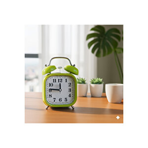 Taşlı Kare Mini Metal Masa Saati, Alarmlı Ve Işıklı, Yeşil, 13x8 Yeşil