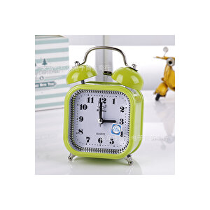 Taşlı Kare Mini Metal Masa Saati, Alarmlı Ve Işıklı, Yeşil, 13x8 Yeşil
