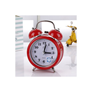 Taşlı Yuvarlak Mini Metal Masa Saati, Alarmlı Ve Işıklı, Kırmızı, 13x8 Kırmızı