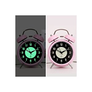Fosforlu Metal Masa Saati, Alarmlı Ve Işıklı, Pembe, 17x12 Pembe