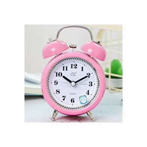 Taşlı Yuvarlak Mini Metal Masa Saati, Alarmlı Ve Işıklı, Pembe, 13x8 Pembe