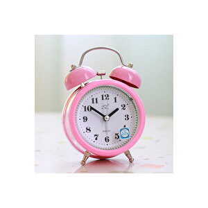 Taşlı Yuvarlak Mini Metal Masa Saati, Alarmlı Ve Işıklı, Pembe, 13x8 Pembe