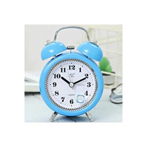 Taşlı Yuvarlak Mini Metal Masa Saati, Alarmlı Ve Işıklı, Mavi, 13x8 Mavi