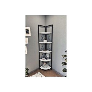 5 Raflı Metal Köşe Kitaplık Rafı Dekoratif Aksesuar Rafı Beyaz