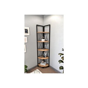 5 Raflı Metal Köşe Kitaplık Rafı Dekoratif Aksesuar Rafı Çam
