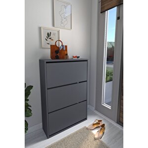 Düşer Kapak Ayakkabılık Kayar Raflı Ayakkabılık 3 Bölmeli Ayakkabılık Melek Antrasit