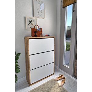 Düşer Kapak Ayakkabılık Kayar Raflı Ayakkabılık 3 Bölmeli Ayakkabılık Melek Çam-beyaz